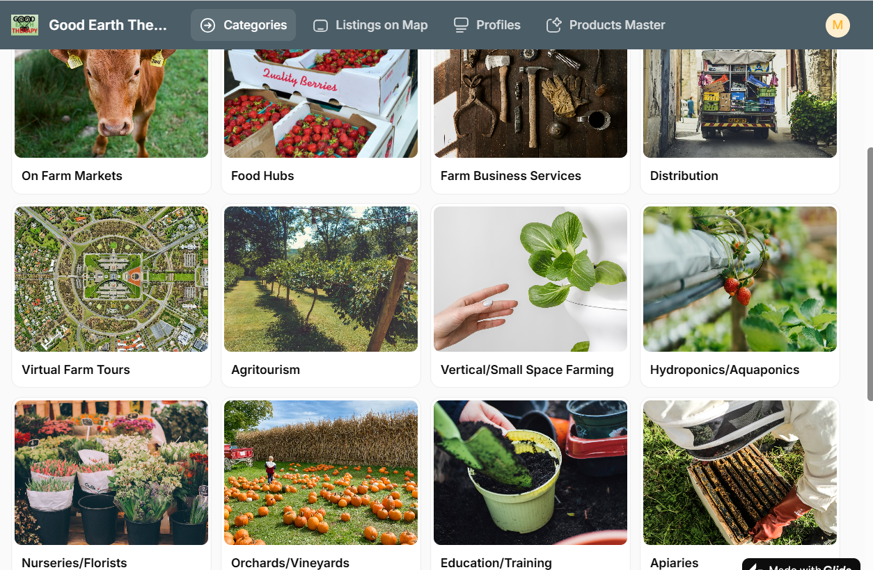 Good Earth Therapy network interface showing farm and food-system categories